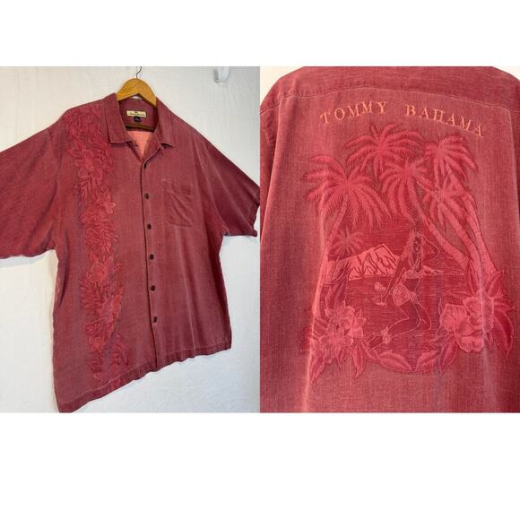 Tommy Bahama Embroidered Hawaiian Silk Camp Shirt XL Girl Floral Tropical Red - Picture 1 of 7